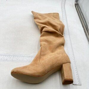 Women Pull On Knee High Riding Boots Calf Long Booties High Heels Chunky Nude